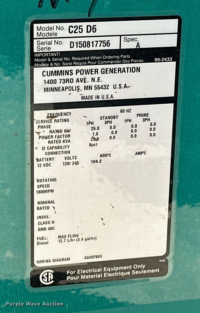 image for item EJ8673 2015 Cummins C25 D6 generator