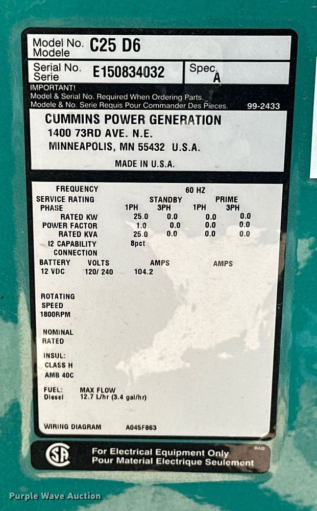 image for item EJ8674 2015 Cummins C25 D6 generator