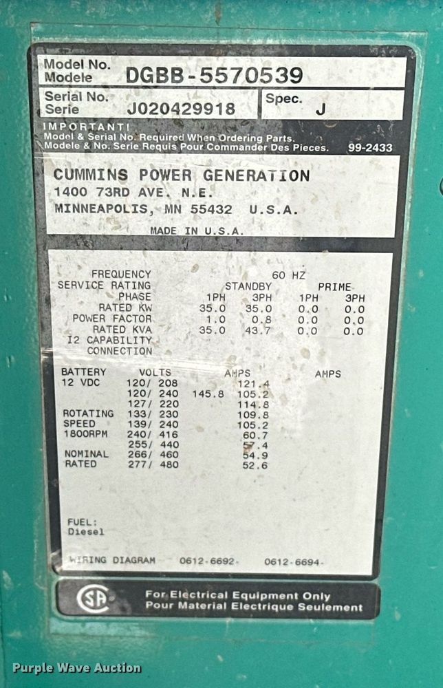 image for item EJ8675 Cummins DGBB-5570539 generator
