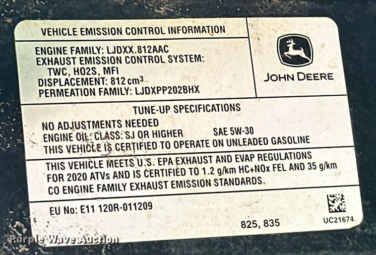 image for item EJ8689 2020 John Deere XUV835R Gator utility vehicle