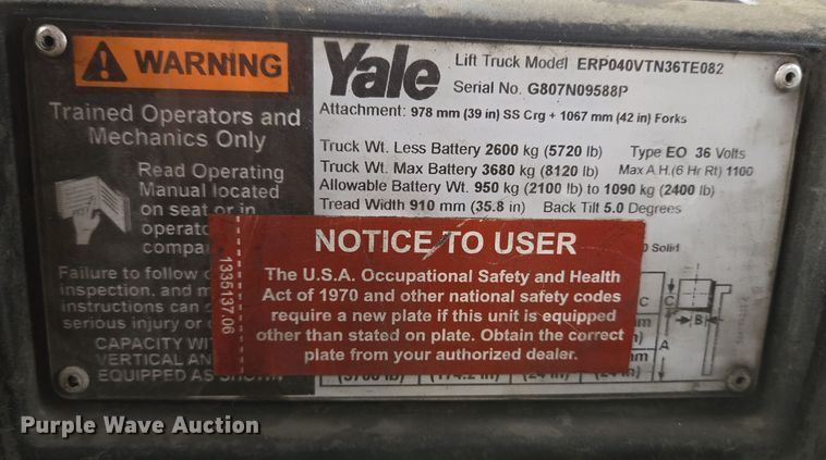 image for item EM6031 2016 Yale ERP040VTN36TE082 forklift