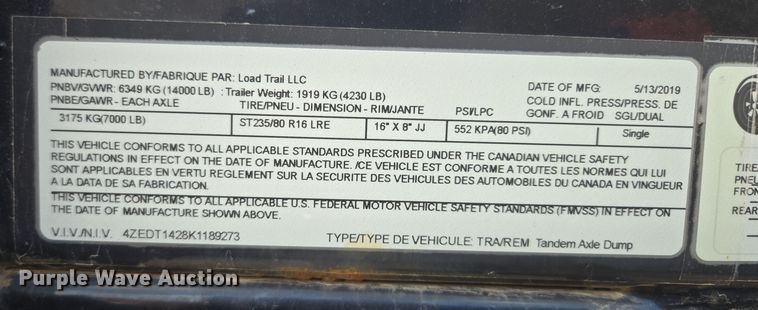 image for item EM7069 2019 Load Trail  dump trailer