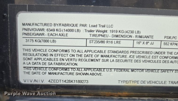 image for item EM7069 2019 Load Trail  dump trailer