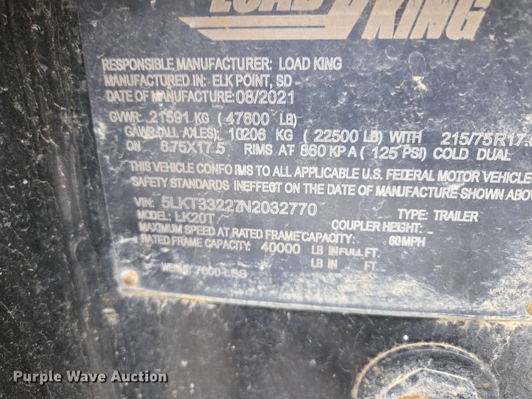 image for item EM7071 2022 Load King equipment trailer