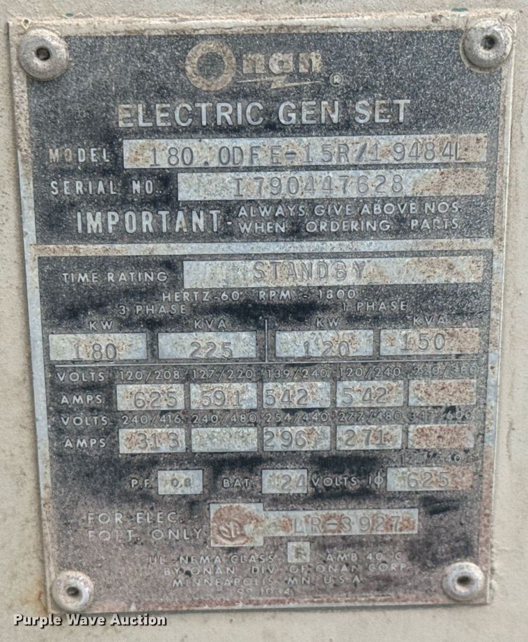 image for item EQ1406 1990 Onan 180.0DFE -15R/19484L generator