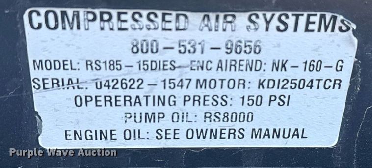 image for item NN9695 2021 Compressed Air Systems RS185 air compressor with 2003 Load Trail equipment trailer