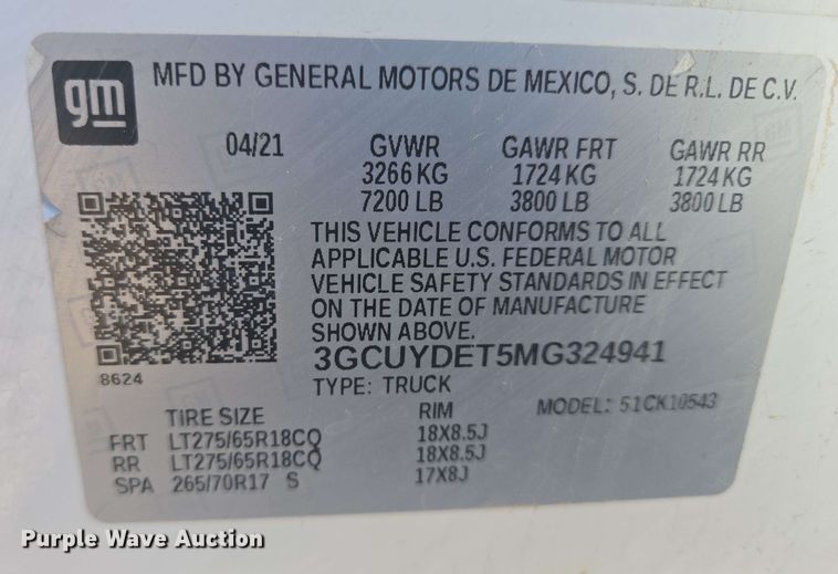 image for item NV9821 2021 Chevrolet Silverado 1500 LT Crew Cab pickup truck