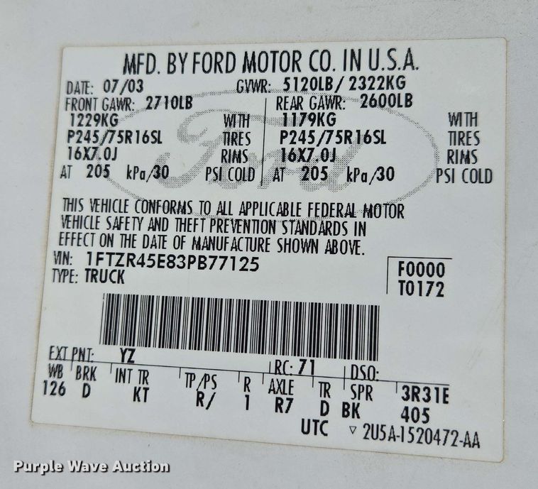 image for item NV9822 2003 Ford Ranger SuperCab pickup truck