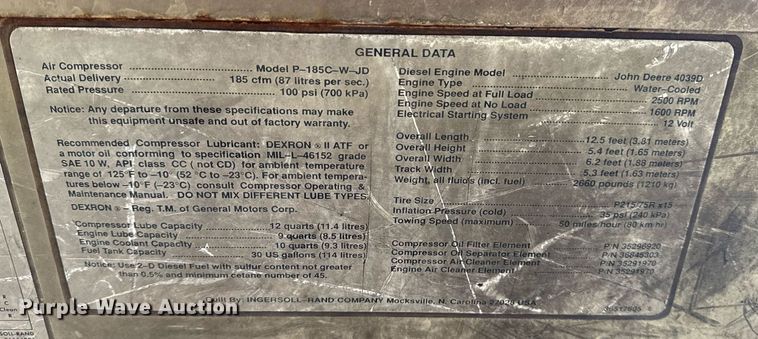 image for item DM5724 Ingersoll Rand P185 air compressor