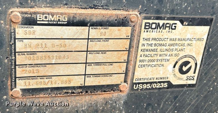 image for item DS3679 2013 Bomag BW 211 D-50 single drum vibratory roller