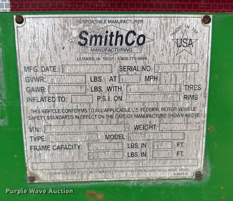 image for item DT0697 2010 SmithCo S3-42-34 side dump trailer