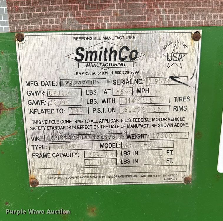 image for item DT0698 2010 SmithCo S3-42-34 side dump trailer