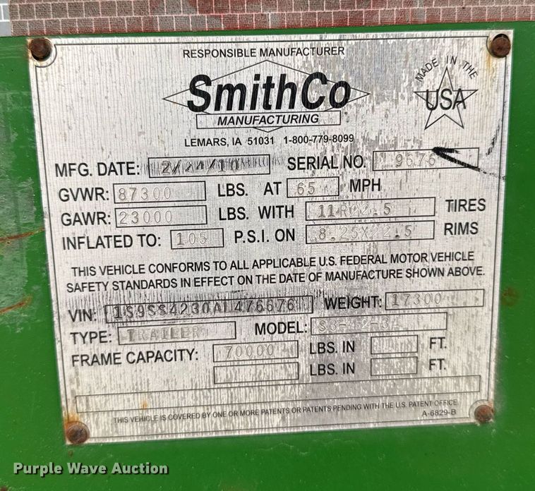 image for item DT0698 2010 SmithCo S3-42-34 side dump trailer