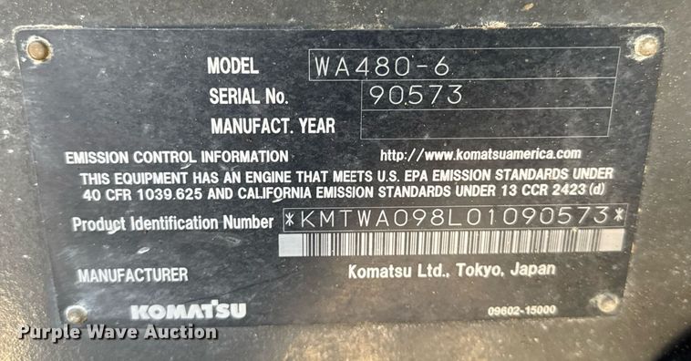 image for item DU3448 2012 Komatsu WA480-6 wheel loader