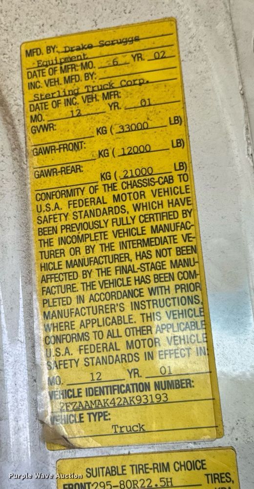 image for item DV1927 2002 Sterling Acterra dump flatbed truck