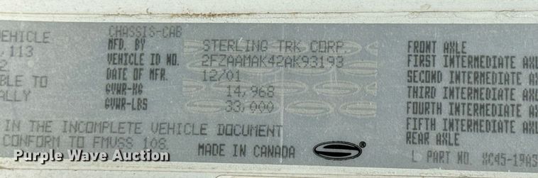 image for item DV1927 2002 Sterling Acterra dump flatbed truck