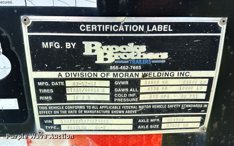 image for item DV1930 2007 Brooks Brothers OW-E equipment trailer