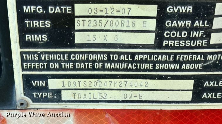 image for item DV1930 2007 Brooks Brothers OW-E equipment trailer