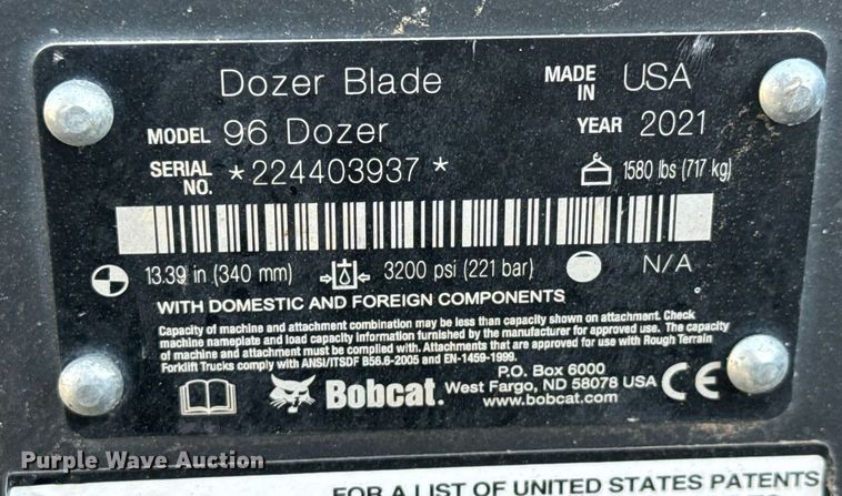 image for item DX8966 2021 Bobcat 96 Dozer skid steer snow plow