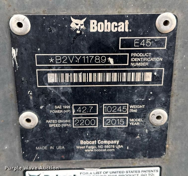 image for item DY8027 2015 Bobcat E45 mini excavator