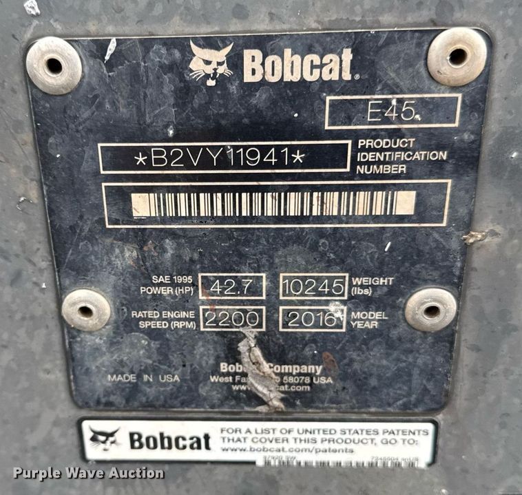 image for item DY8028 2016 Bobcat E45 mini excavator