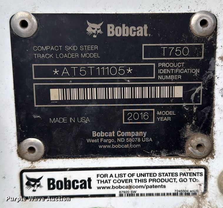 image for item DY8029 2016 Bobcat T750 tracked skid steer loader