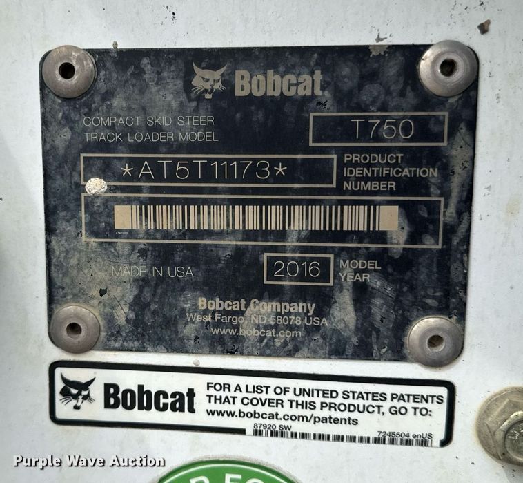 image for item DY8043 2016 Bobcat T750 tracked skid steer loader