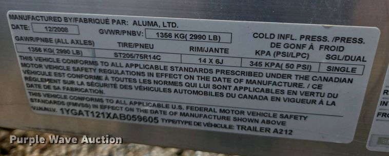 image for item EC0942 2010 Aluma A212 utility trailer