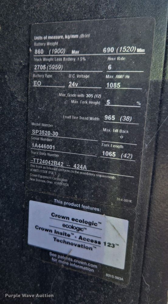 image for item EC0964 2015 Crown SP3520-30 order picker