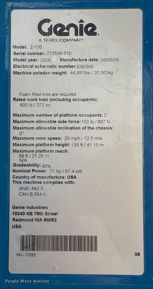 image for item ED5594 2006 Genie Z-135/70 boom lift