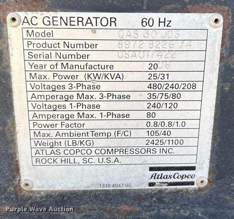 image for item EF3041 2006 Atlas Copco QAS 30 JDS generator