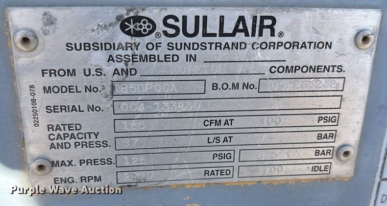 image for item EF3056 Sullair 185DPQCA air compressor