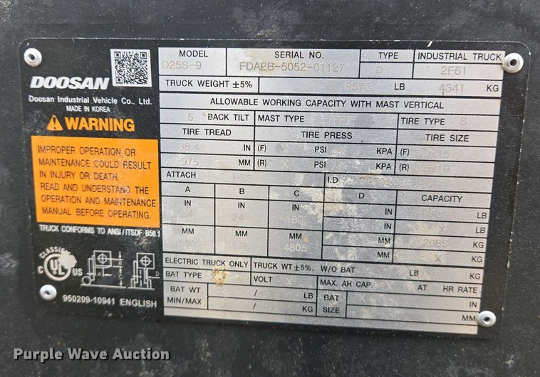 image for item EJ7483 Doosan D25S-9 forklift