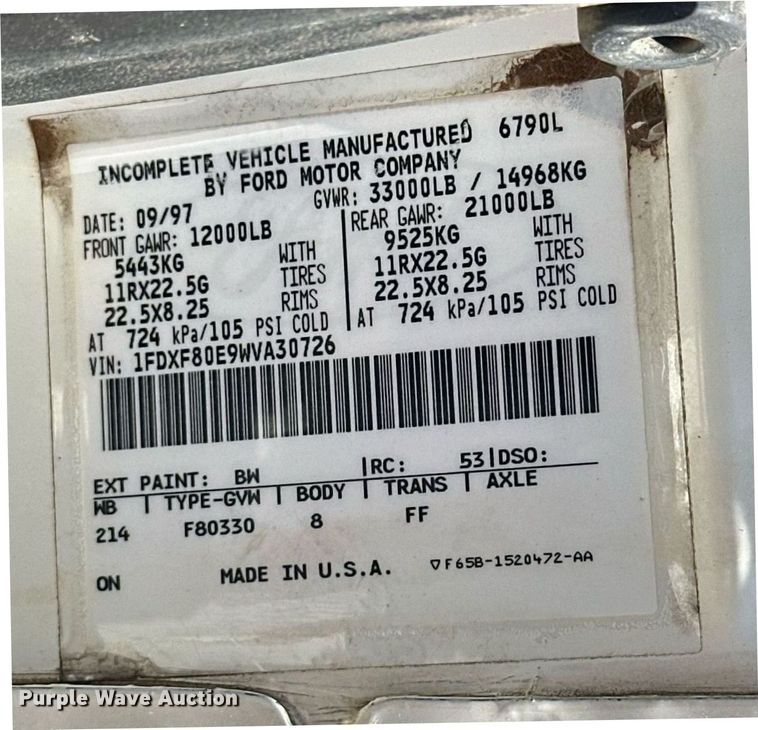 image for item EJ8657 1998 Ford F800 crane truck