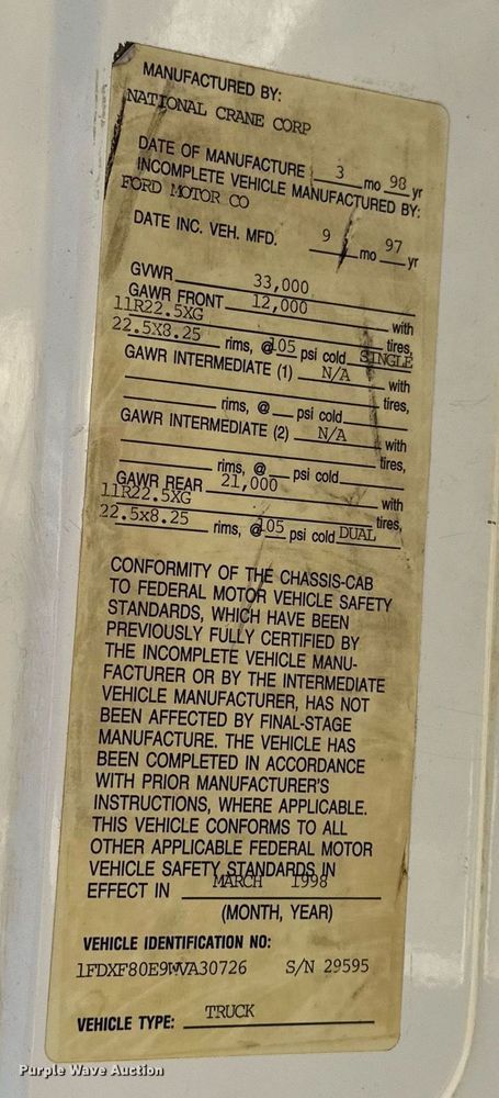 image for item EJ8657 1998 Ford F800 crane truck