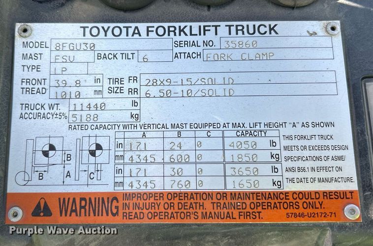 image for item EK2926 Toyota 8FGU30 forklift