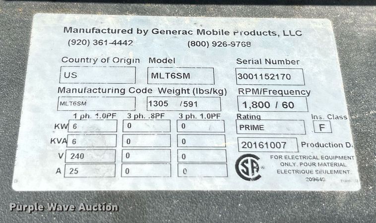 image for item EK2983 2016 Generac MLT6SM light plant