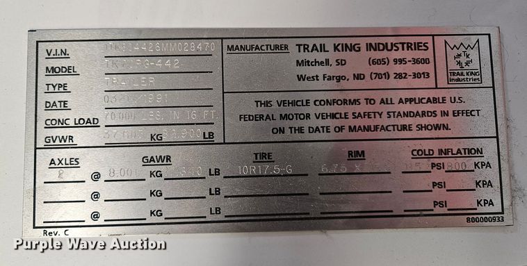 image for item EK8954 1991 Trail King drop deck equipment trailer