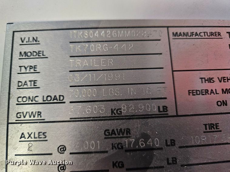 image for item EK8954 1991 Trail King drop deck equipment trailer