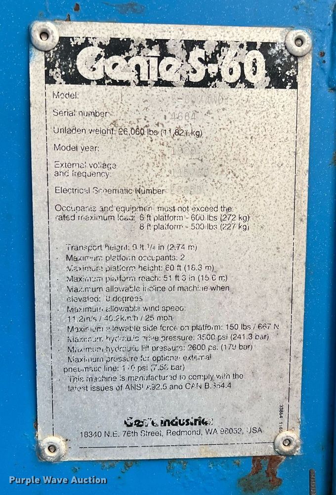 image for item EL2048 1999 Genie S60 boom lift
