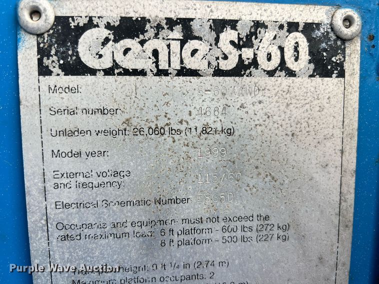 image for item EL2048 1999 Genie S60 boom lift
