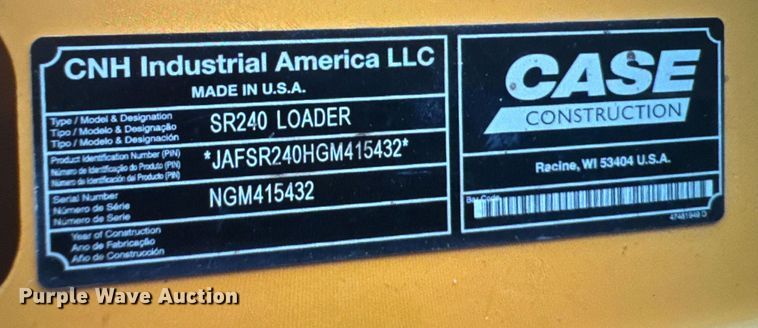 image for item EM7174 2016 Case  SR240 skid steer loader