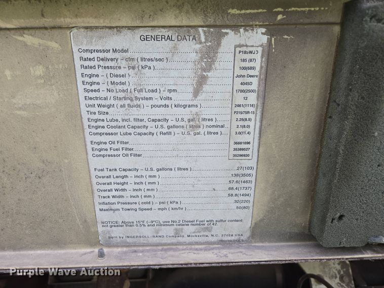 image for item EN3584 Ingersoll-Rand P185WJD air compressor