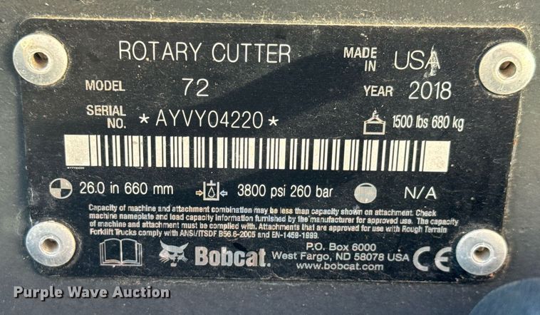 image for item EQ1340 2018 Bobcat 72 skid steer rotary mower
