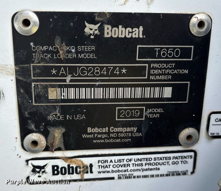 image for item OB9667 2019 Bobcat T650 tracked skid steer loader