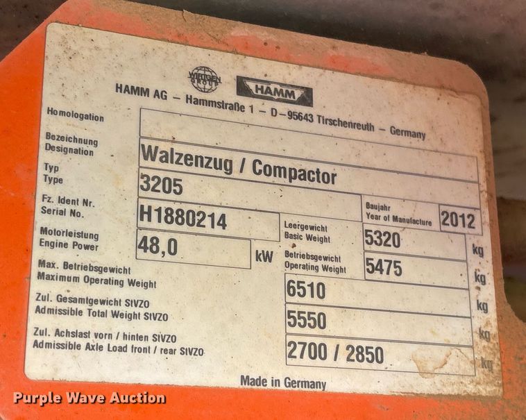 image for item OB9668 2012 Hamm 3205 single drum vibratory roller