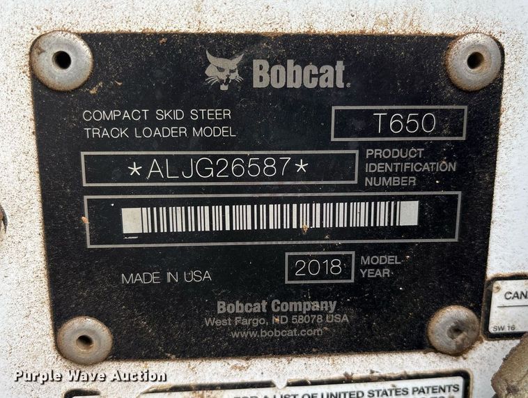 image for item OB9669 2018 Bobcat T650 tracked skid steer loader