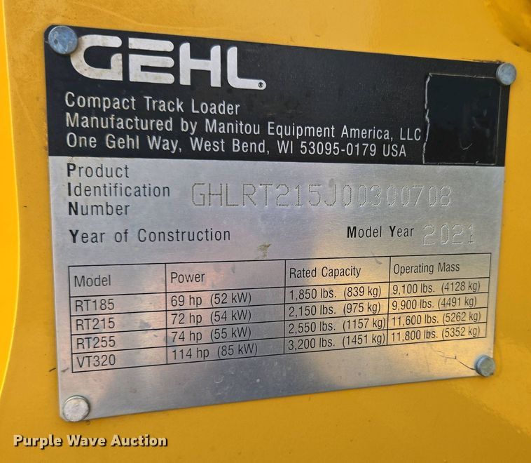 image for item YA0454 2021 Gehl RT215 tracked skid steer loader