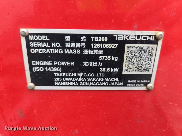 image for item YA0515 2022 Takeuchi TB260 mini excavator