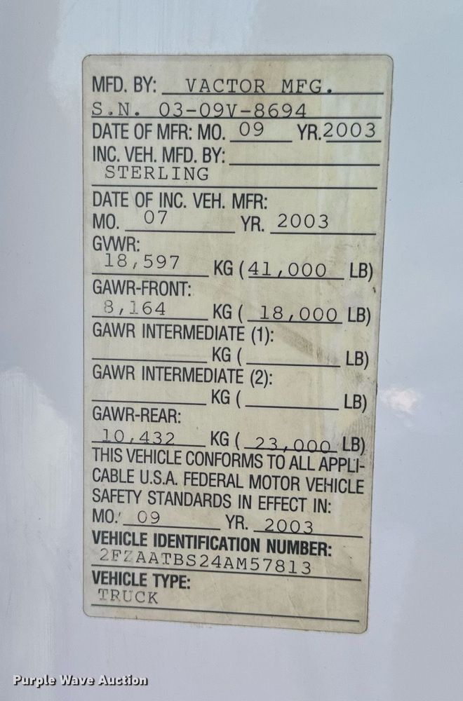 image for item DV1933 2004 Sterling L7500 sewer jetter truck